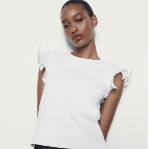 Zara Ruffled Organza Short Sleeve White Blouse - Picture 3 of 9